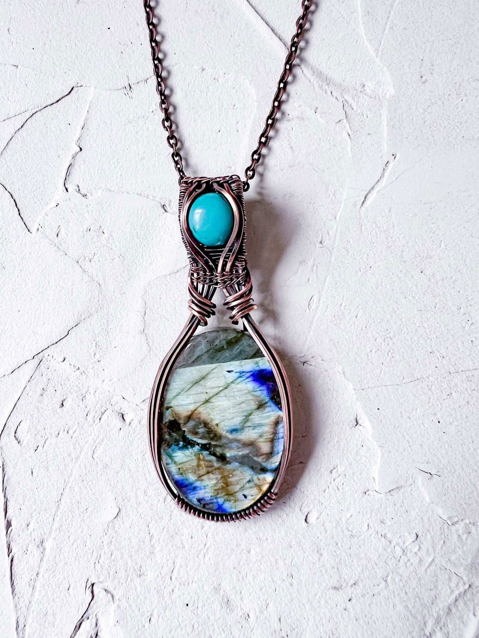 Large Labradorite and Turquoise Howlite Copper Wire Pendant - Copper Jewels
