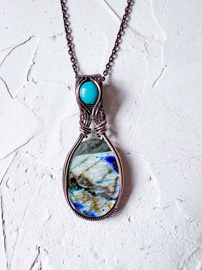 Large Labradorite and Turquoise Howlite Copper Wire Pendant - Copper Jewels
