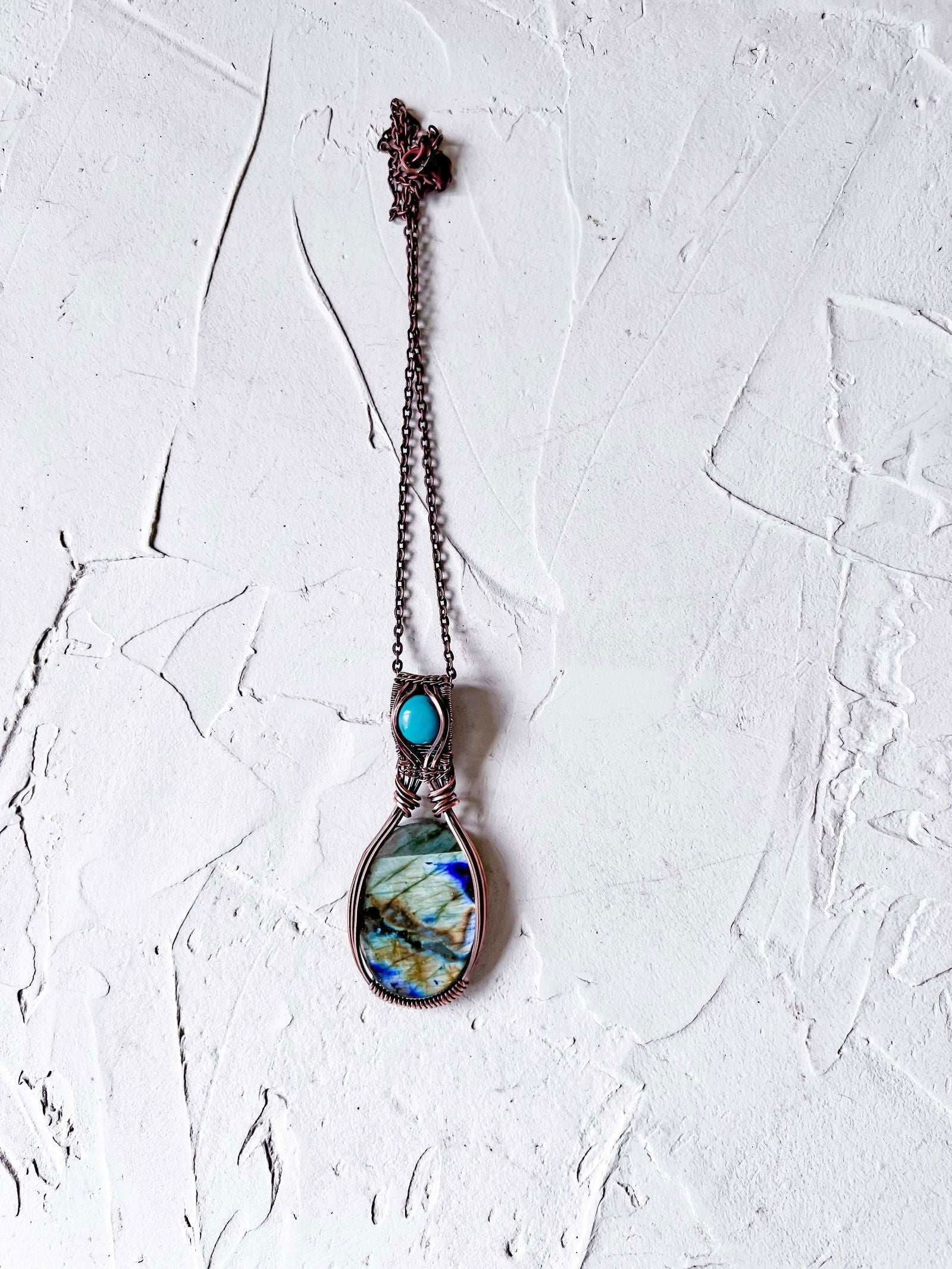 Large Labradorite and Turquoise Howlite Copper Wire Pendant - Copper Jewels