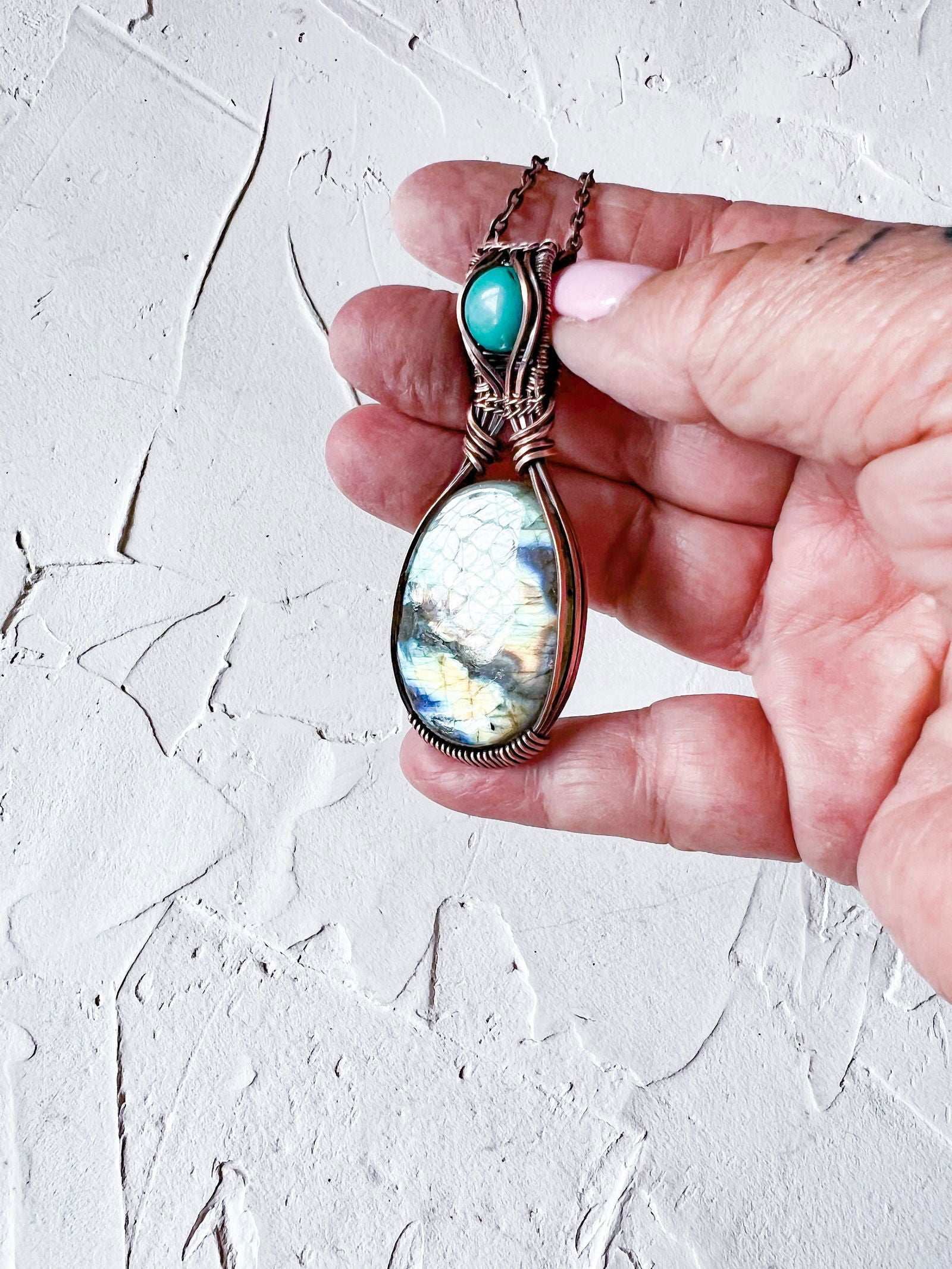 Large Labradorite and Turquoise Howlite Copper Wire Pendant - Copper Jewels