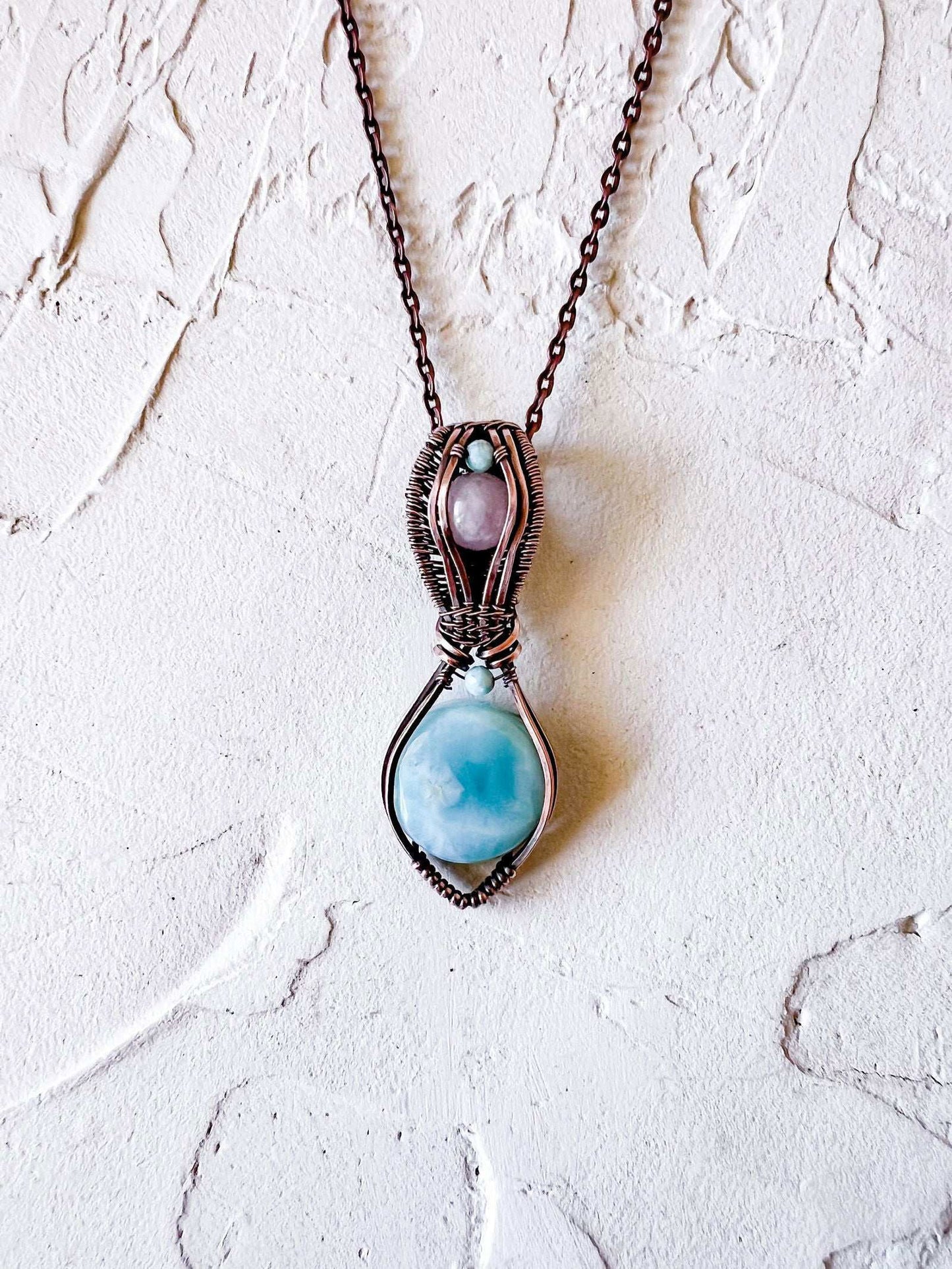 Larimar and Rose Quartz copper wire pendant with larimar accent beads - Copper Jewels