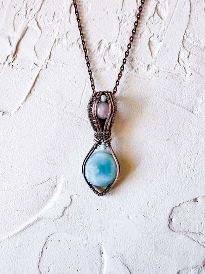 Larimar and Rose Quartz copper wire pendant with larimar accent beads - Copper Jewels