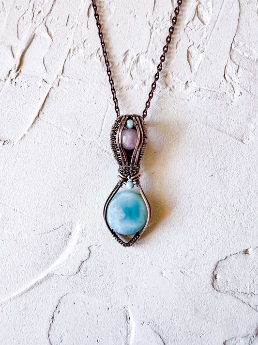 Larimar and Rose Quartz copper wire pendant with larimar accent beads - Copper Jewels