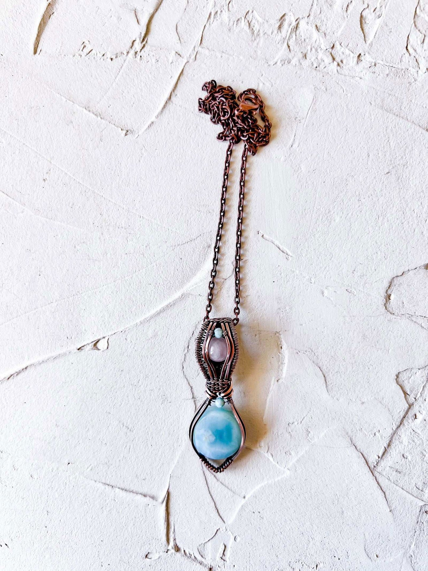 Larimar and Rose Quartz copper wire pendant with larimar accent beads - Copper Jewels