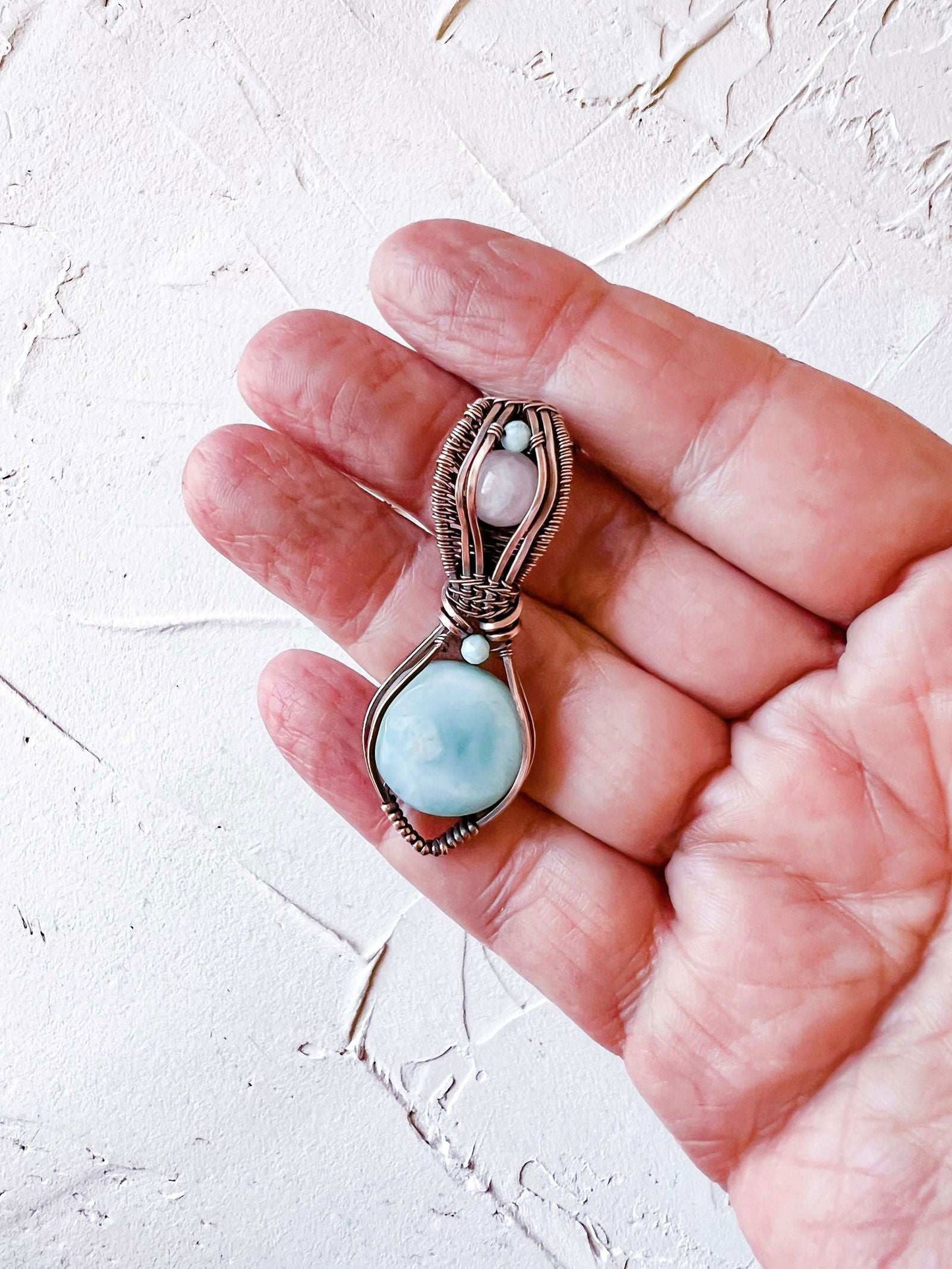 Larimar and Rose Quartz copper wire pendant with larimar accent beads - Copper Jewels
