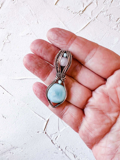 Larimar and Rose Quartz copper wire pendant with larimar accent beads - Copper Jewels