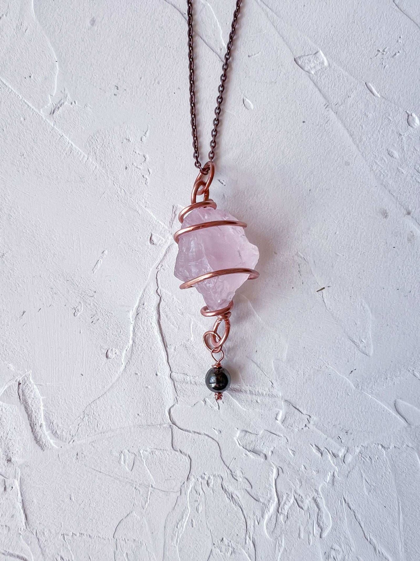 Raw Rose Quarts and Hematite Copper Pendant - Copper Jewels