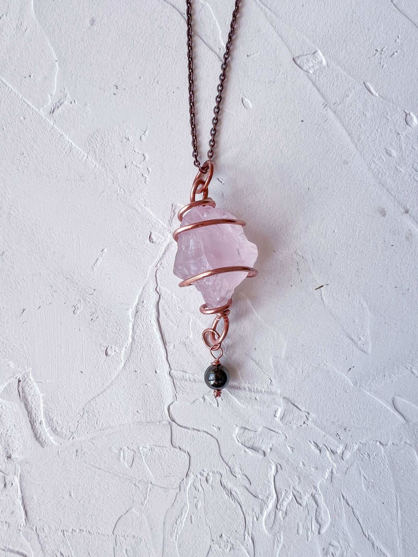 Raw Rose Quarts and Hematite Copper Pendant - Copper Jewels