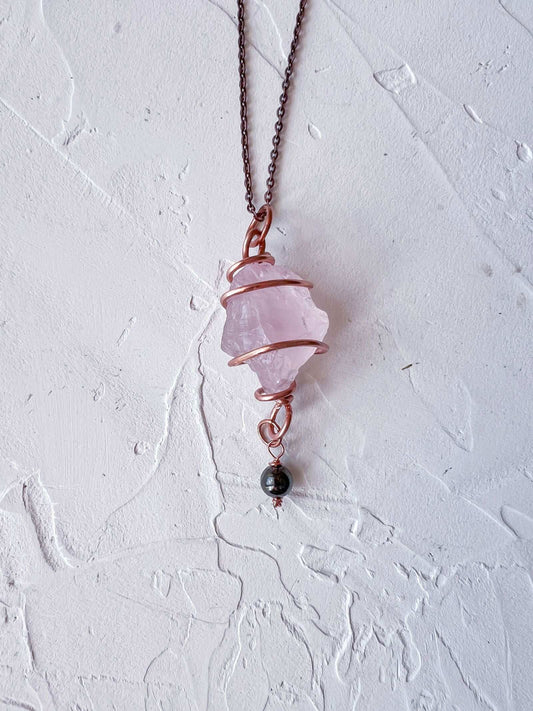 Raw Rose Quarts and Hematite Copper Pendant - Copper Jewels