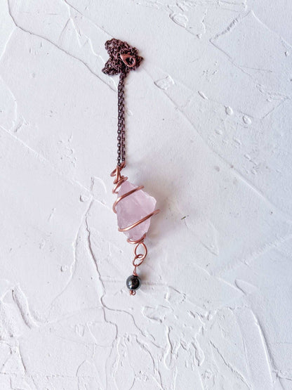 Raw Rose Quarts and Hematite Copper Pendant - Copper Jewels