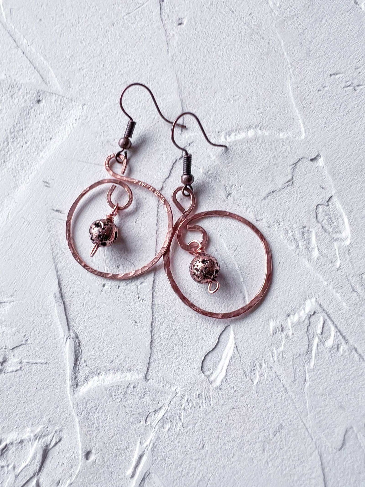Round Copper Earrings with Copper Bead - Copper Jewels