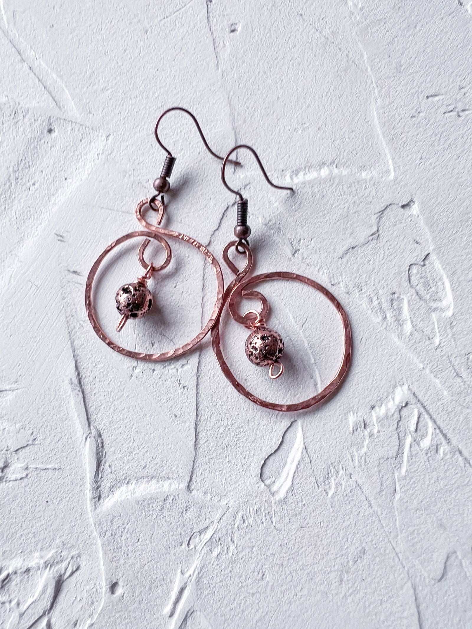 Round Copper Earrings with Copper Bead - Copper Jewels