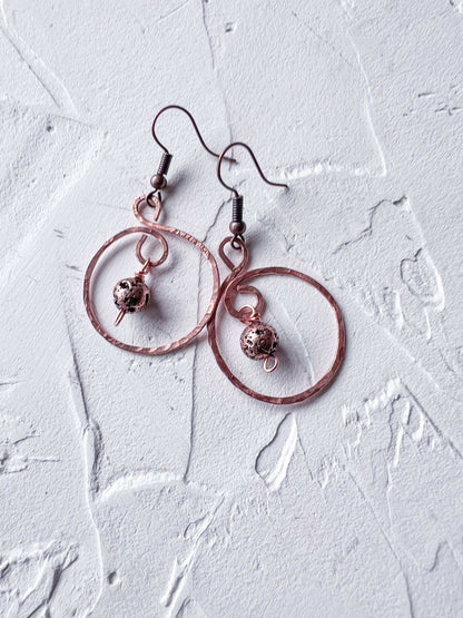 Round Copper Earrings with Copper Bead - Copper Jewels