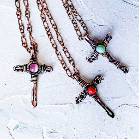 Rustic Copper Cross with Jade Bead - Copper Jewels