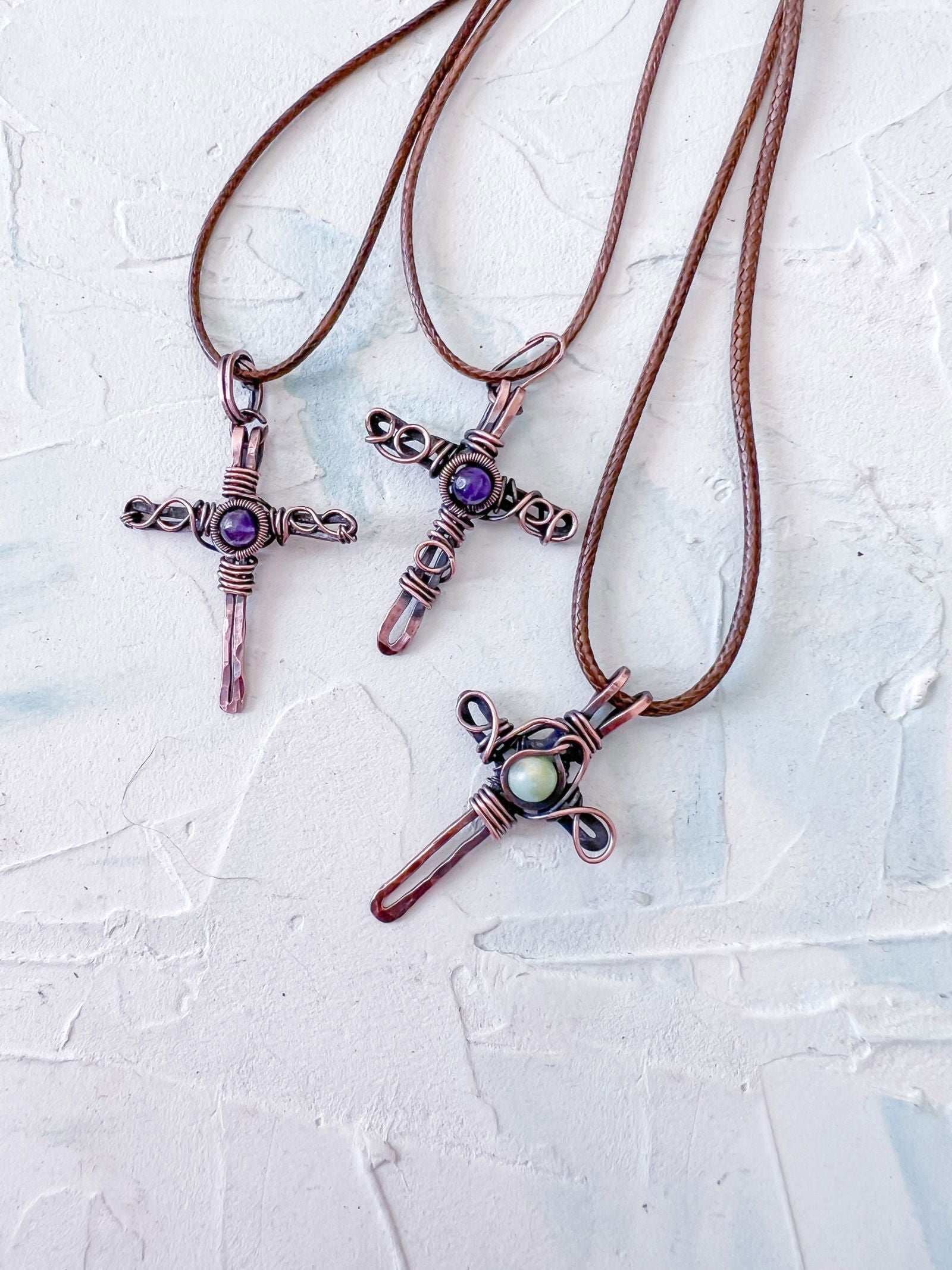 Rustic Copper Cross with Jade Bead - Copper Jewels