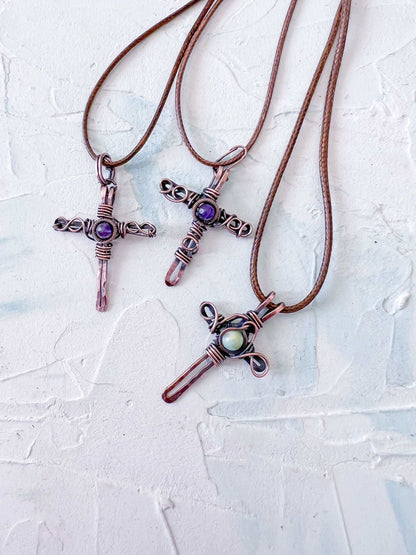 Rustic Copper Cross with Jade Bead - Copper Jewels