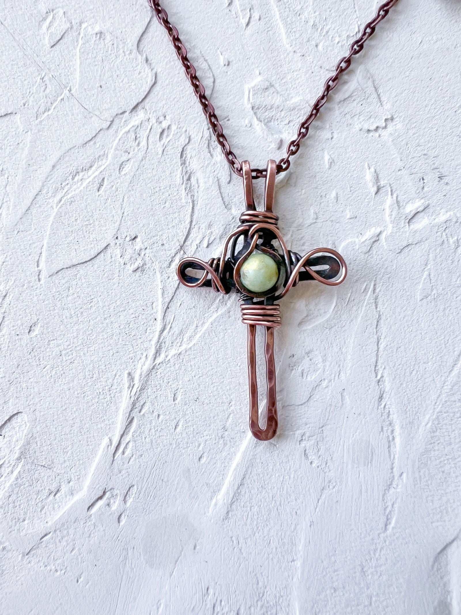 Rustic Copper Cross with Jade Bead - Copper Jewels