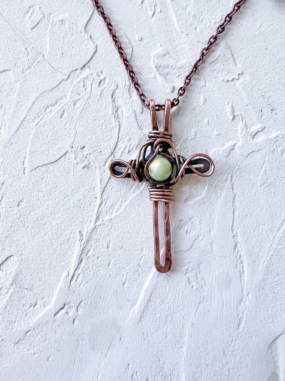 Rustic Copper Cross Pendant Necklace with Jade Bead – Copper Jewels