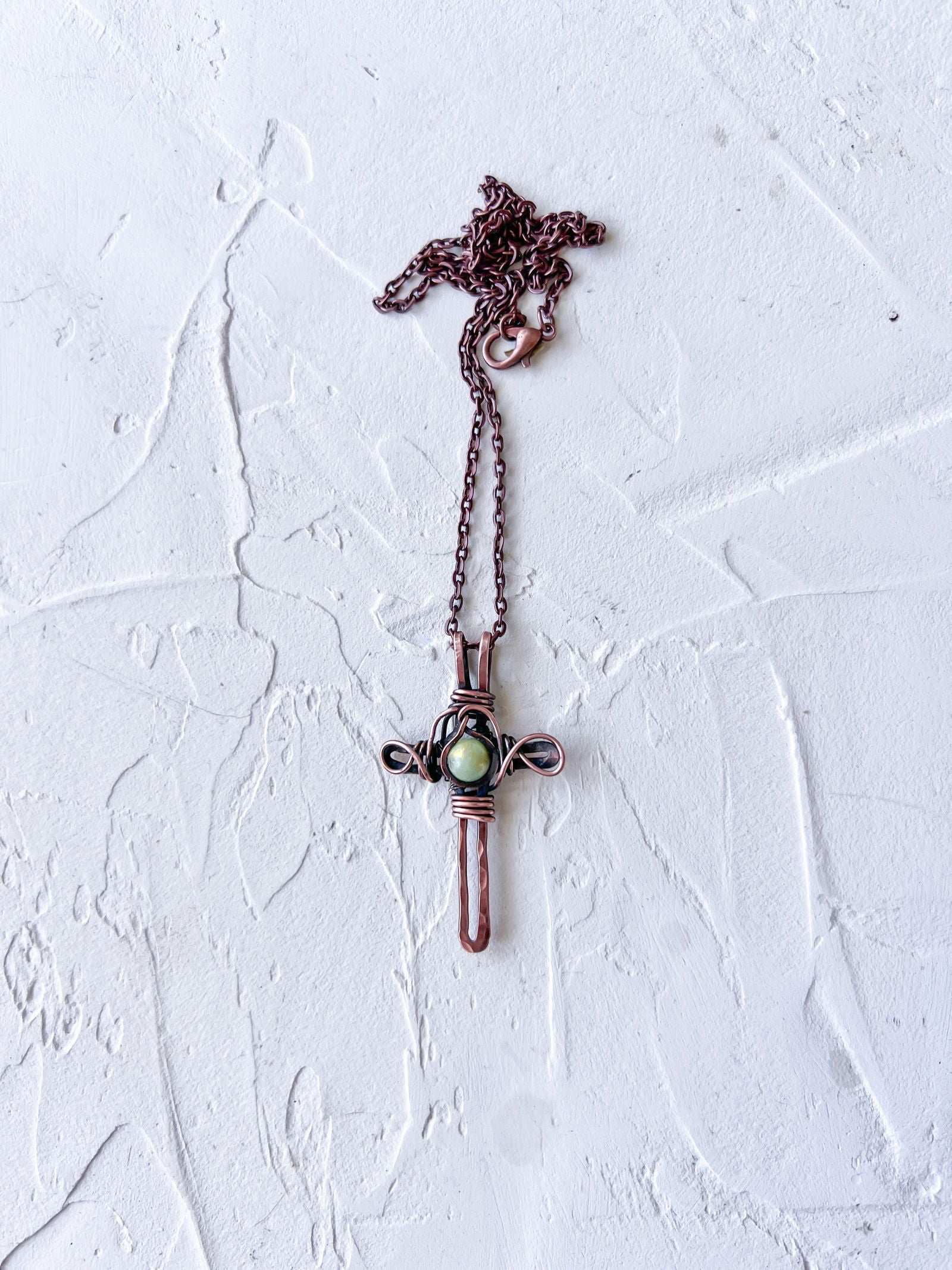 Rustic Copper Cross with Jade Bead - Copper Jewels