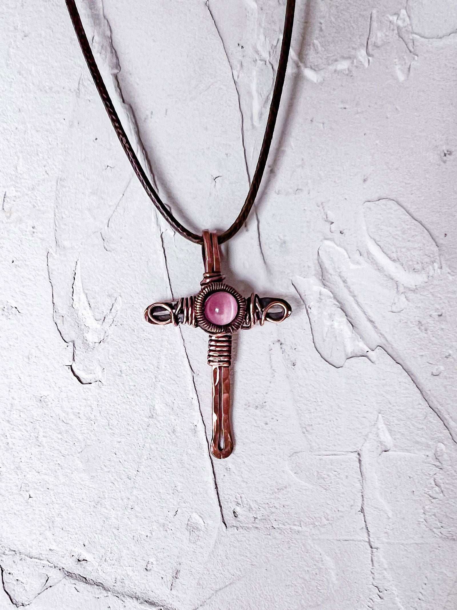Rustic Copper Cross with Jade Bead - Copper Jewels