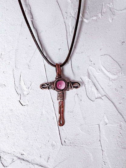 Rustic Copper Cross with Jade Bead - Copper Jewels