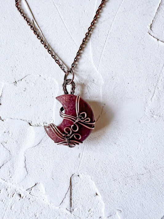 Strawberry Quartz and Copper Moon Boho Pendant - Copper Jewels
