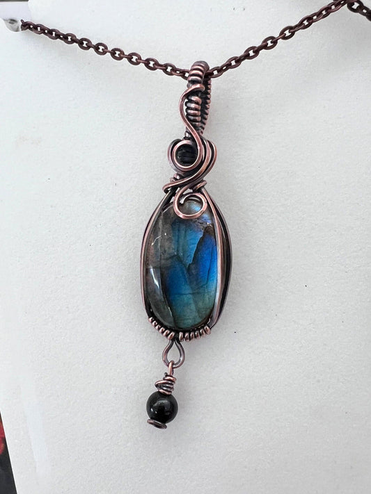 Stunning Blue Witchy Labradorite Pendant with Black Tourmaline Dangle - Copper Jewels
