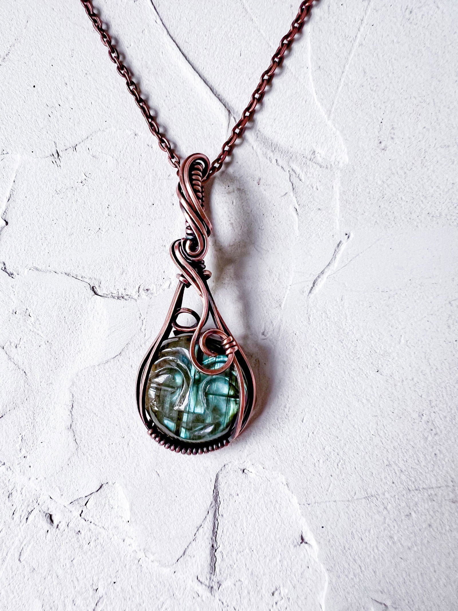 Stunning Labradorite Carved Moon Face Copper Pendant - Copper Jewels