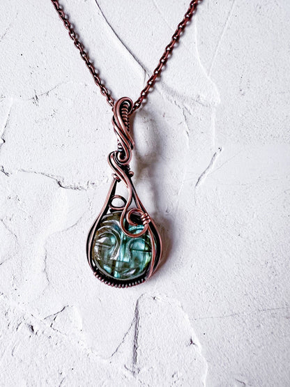 Stunning Labradorite Carved Moon Face Copper Pendant - Copper Jewels