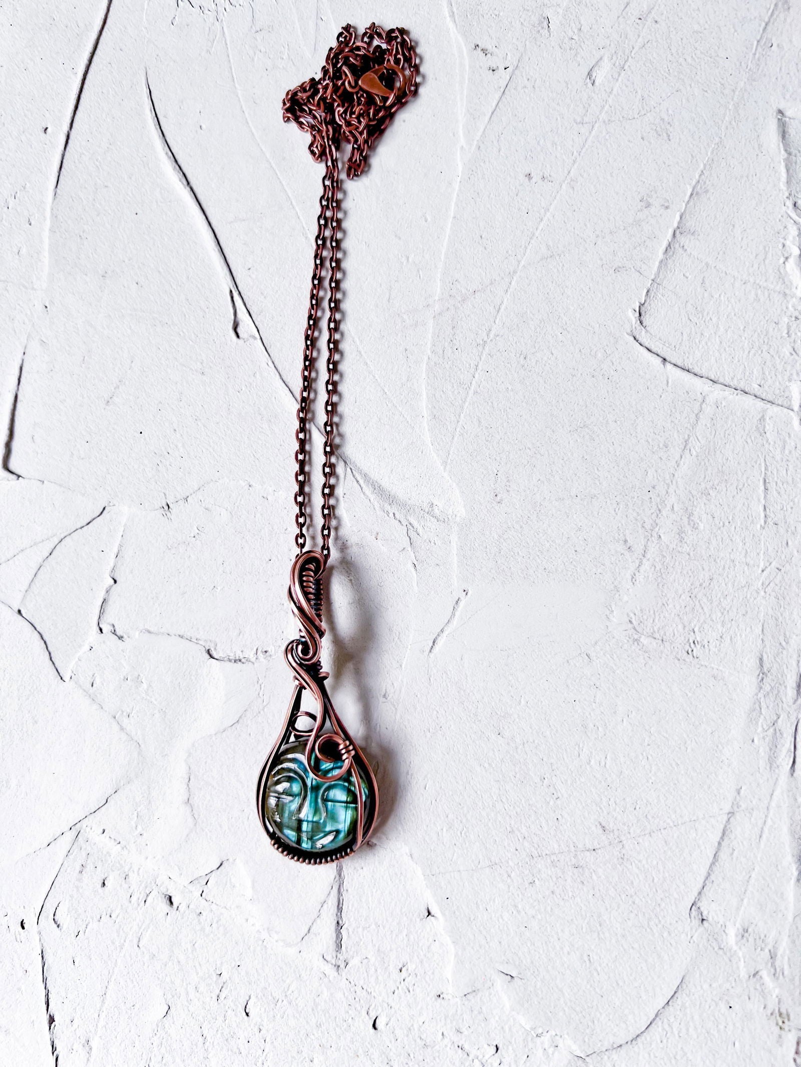 Stunning Labradorite Carved Moon Face Copper Pendant - Copper Jewels