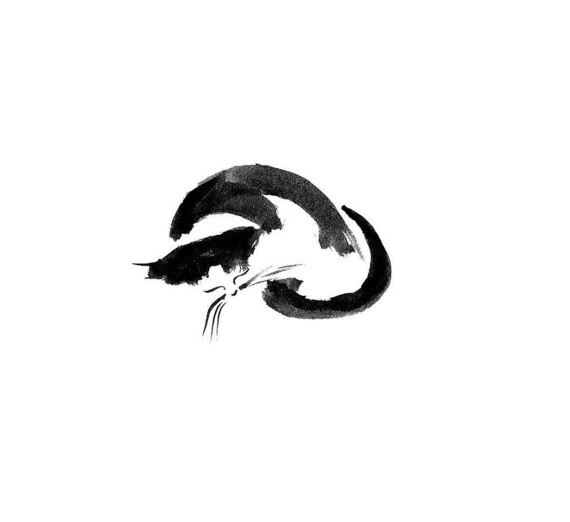 Black ink brushstroke design of a sleeping cat on a white background