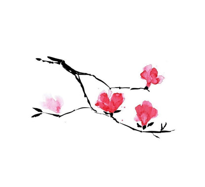 Simplified illustration of a branch with pink flowers on a white background