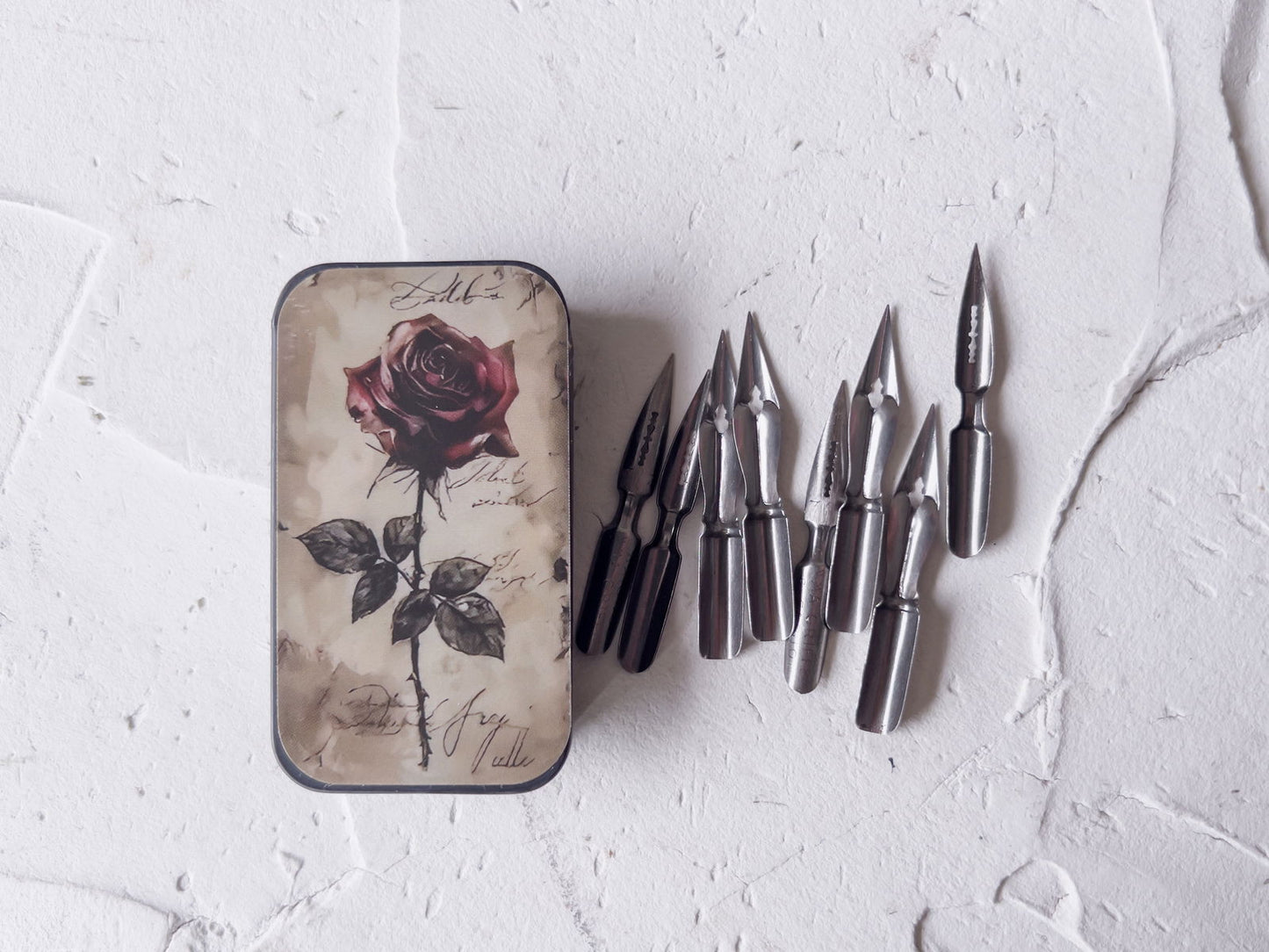 Vintage Pointed Pen Calligraphy Nib Set in Rose Metal Tin - Copper Jewels