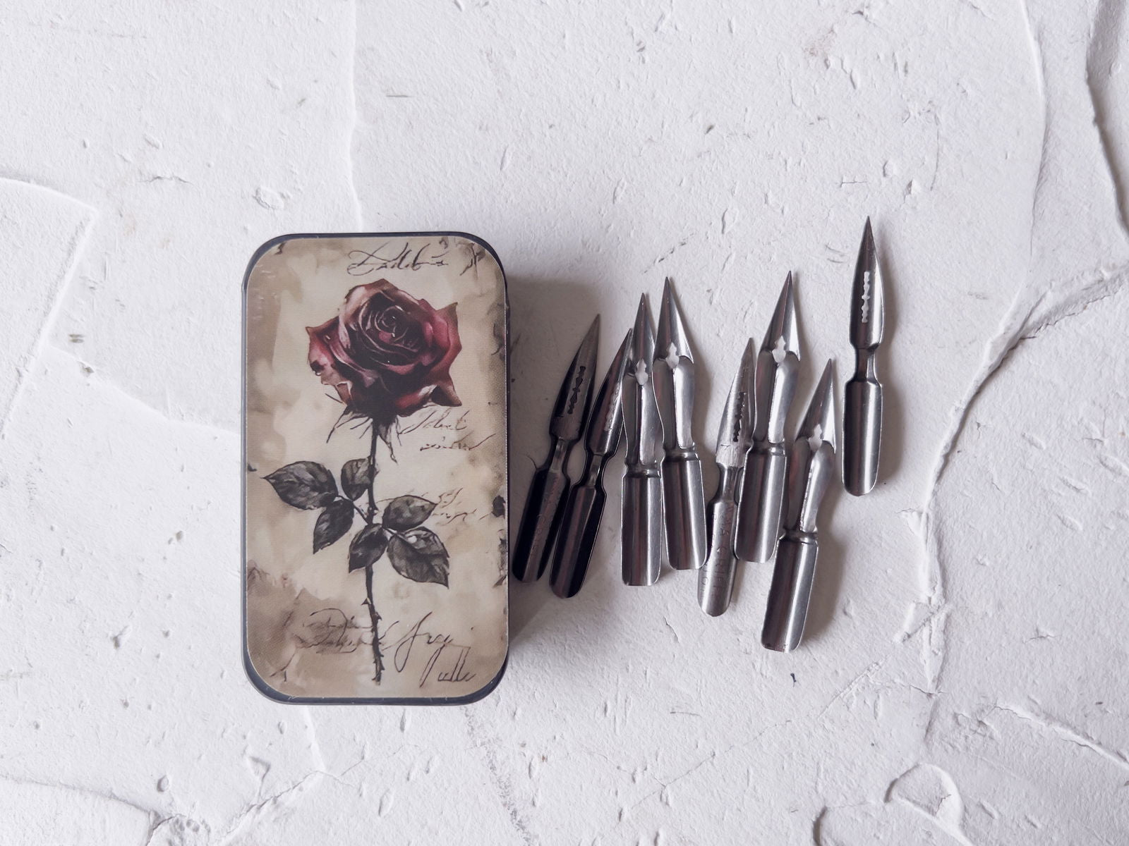 Vintage Pointed Pen Calligraphy Nib Set in Rose Metal Tin - Copper Jewels