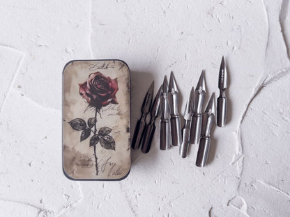 Vintage Pointed Pen Calligraphy Nib Set in Rose Metal Tin - Copper Jewels