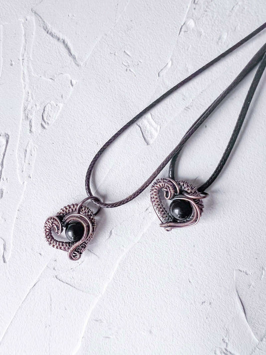 Woven Heart with Black Tourmaline Bead Pendant Hand Made - Copper Jewels