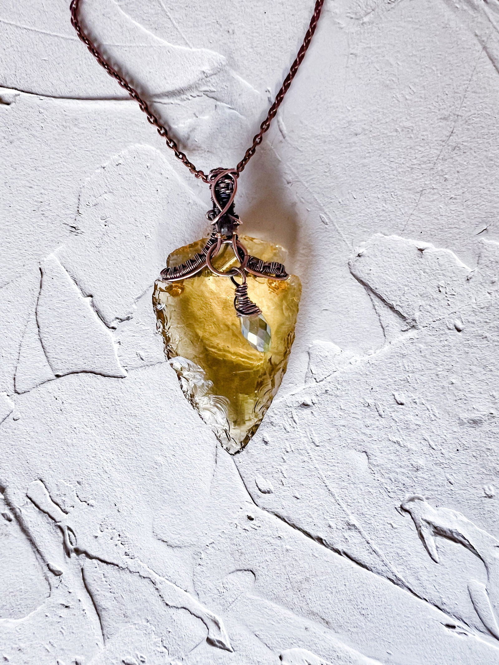 Yellow Citrine Arrowhead Pendant with Black Tourmaline Accent Bead - Copper Jewels