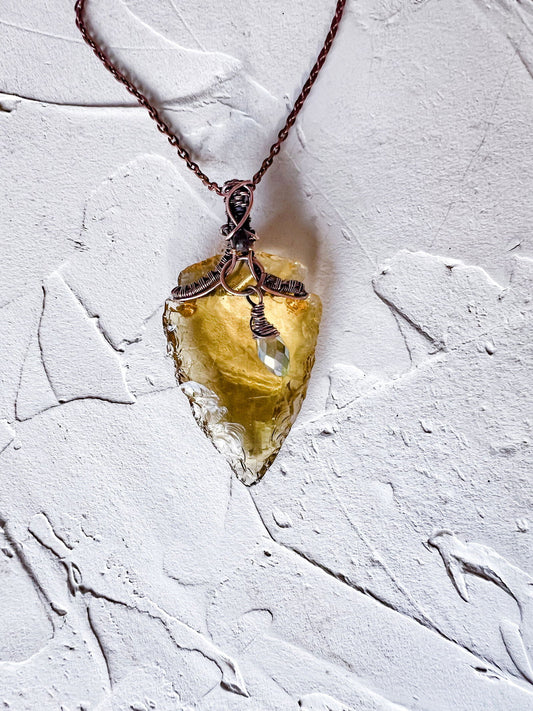 Yellow Citrine Arrowhead Pendant with Black Tourmaline Accent Bead - Copper Jewels