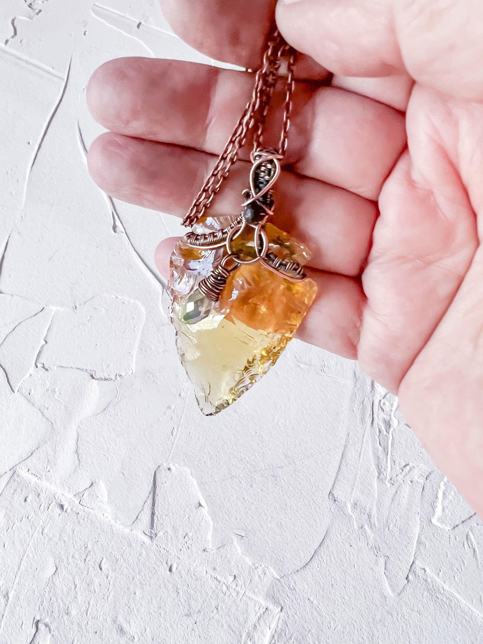 Yellow Citrine Arrowhead Pendant with Black Tourmaline Accent Bead - Copper Jewels