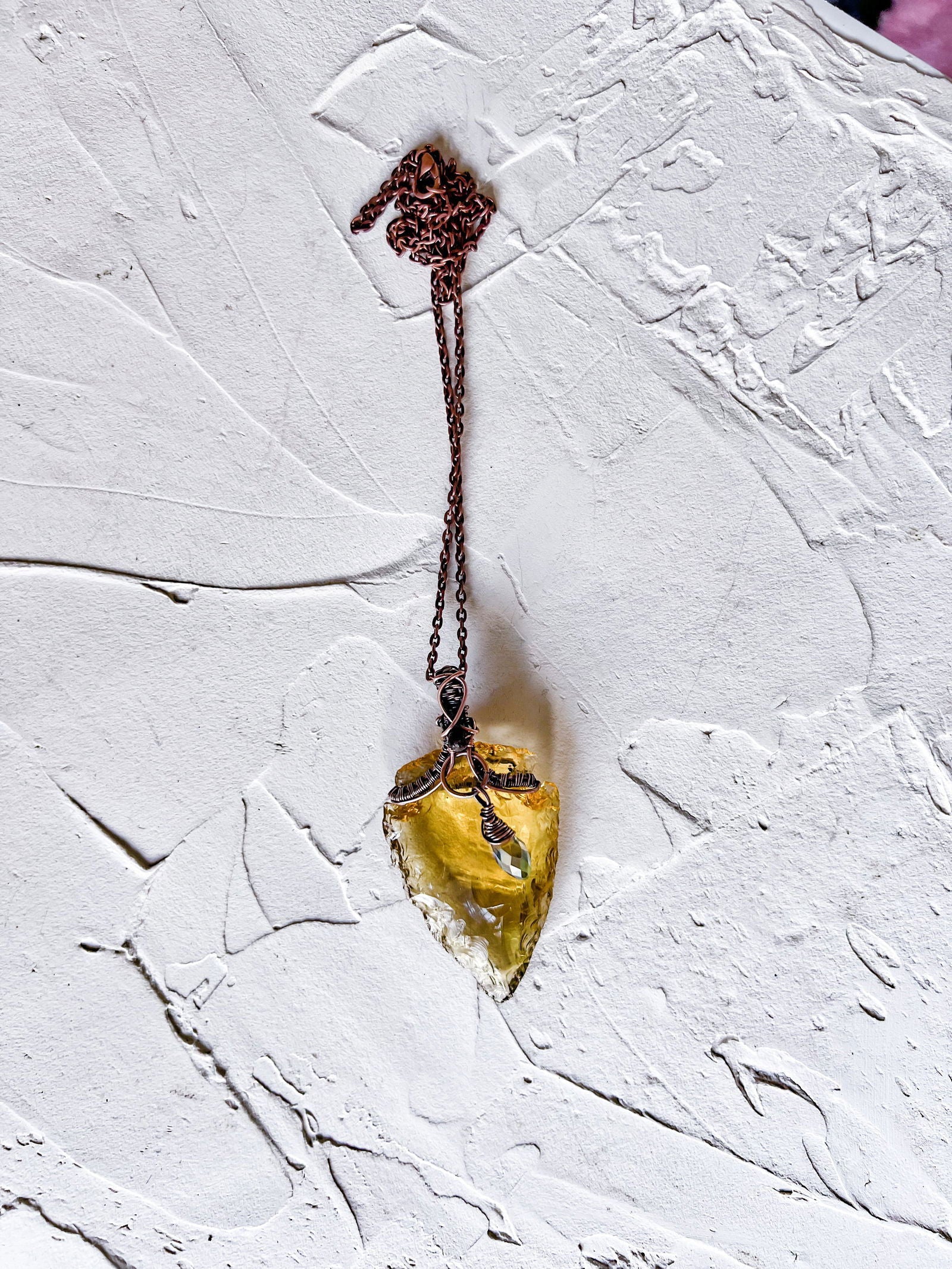 Yellow Citrine Arrowhead Pendant with Black Tourmaline Accent Bead - Copper Jewels