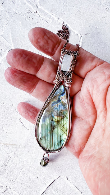 Labradorite, Moonstone and Green Pearl Copper Wire Pendant
