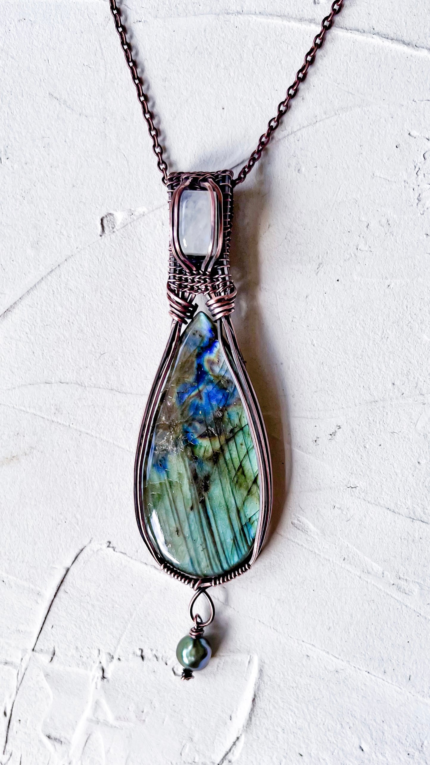Labradorite, Moonstone and Green Pearl Copper Wire Pendant