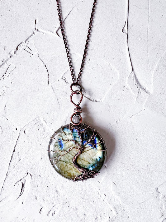 Labradorite and Peach Moonstone Tree of Life Copper Necklace