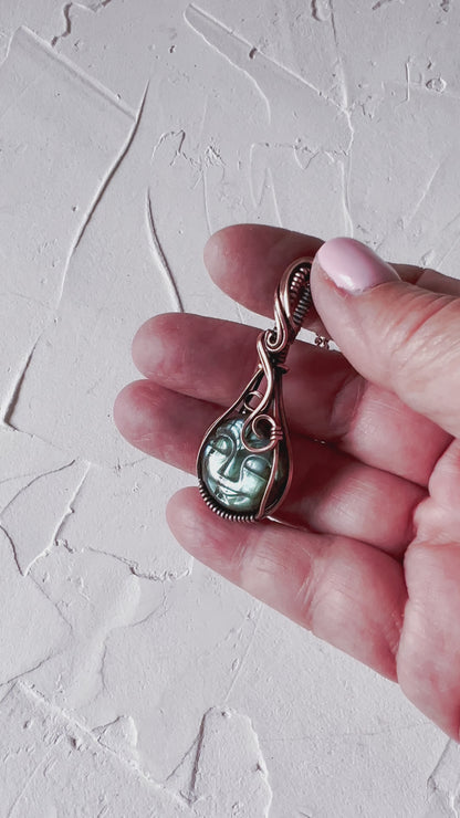 Stunning Labradorite Carved Moon Face Copper Pendant