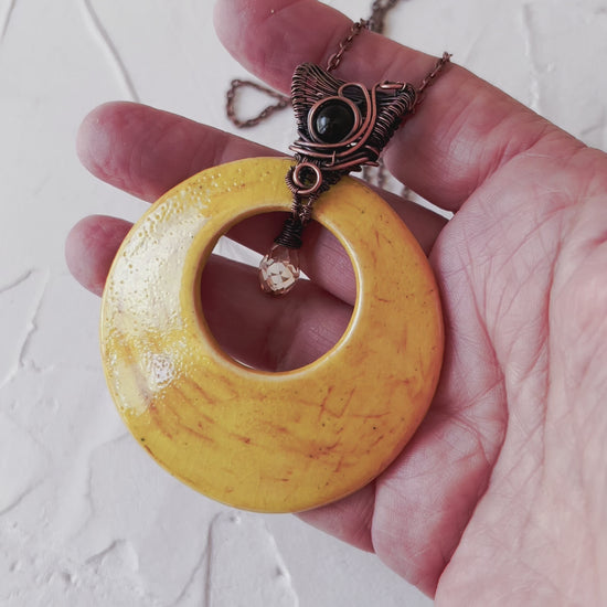 Handmade Yellow Glaze Ceramic and Copper Boho Pendant with AB crystal bead