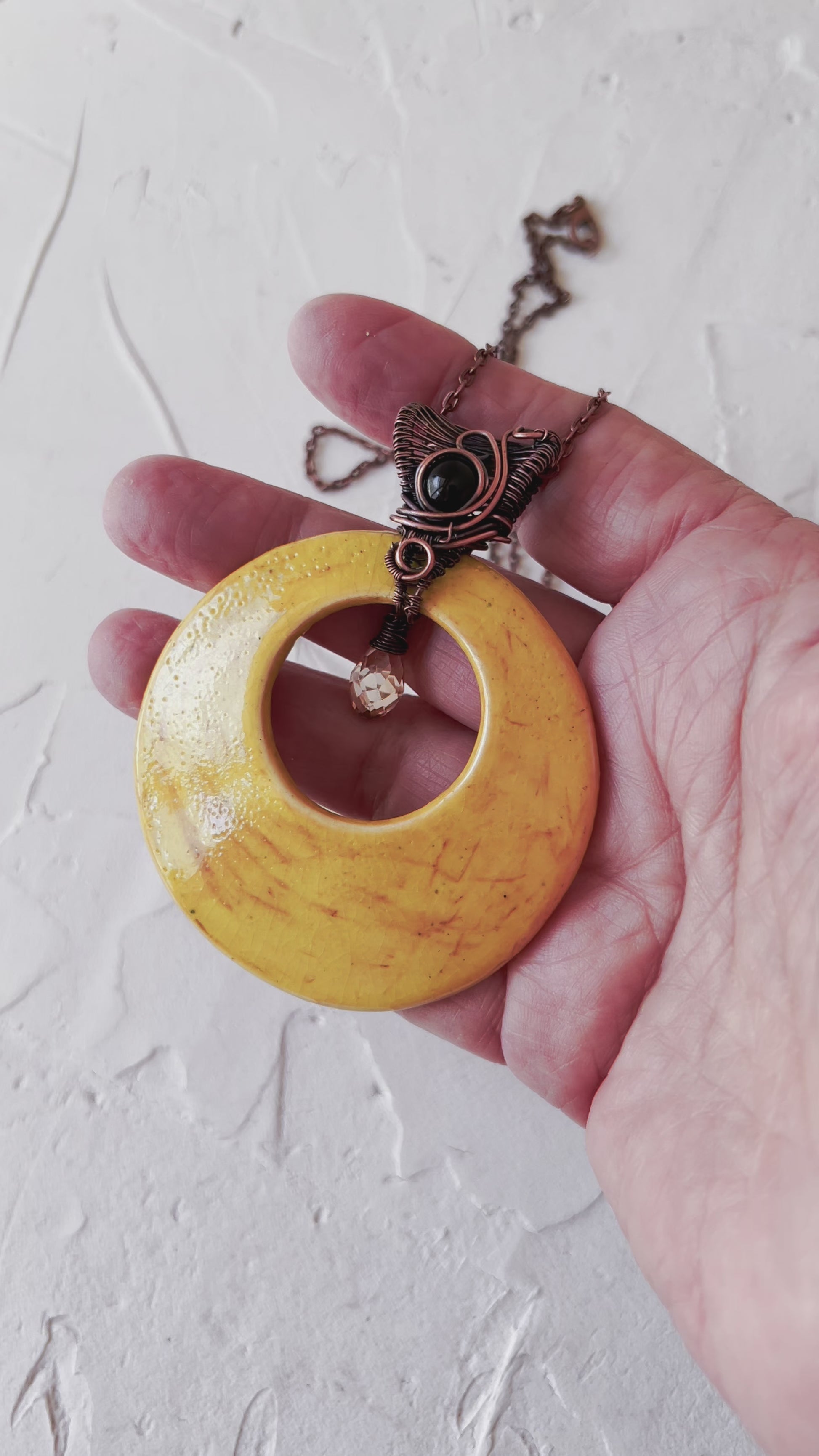 Handmade Yellow Glaze Ceramic and Copper Boho Pendant with AB crystal bead