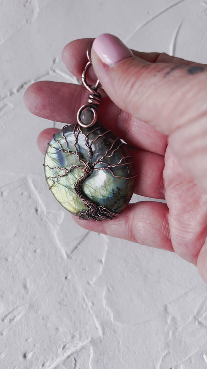 Labradorite and Peach Moonstone Tree of Life Copper Necklace