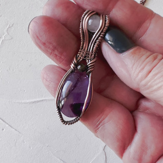 Gorgeous Amethyst and Rose Quartz copper wire pendant with Black Tourmaline accent bead