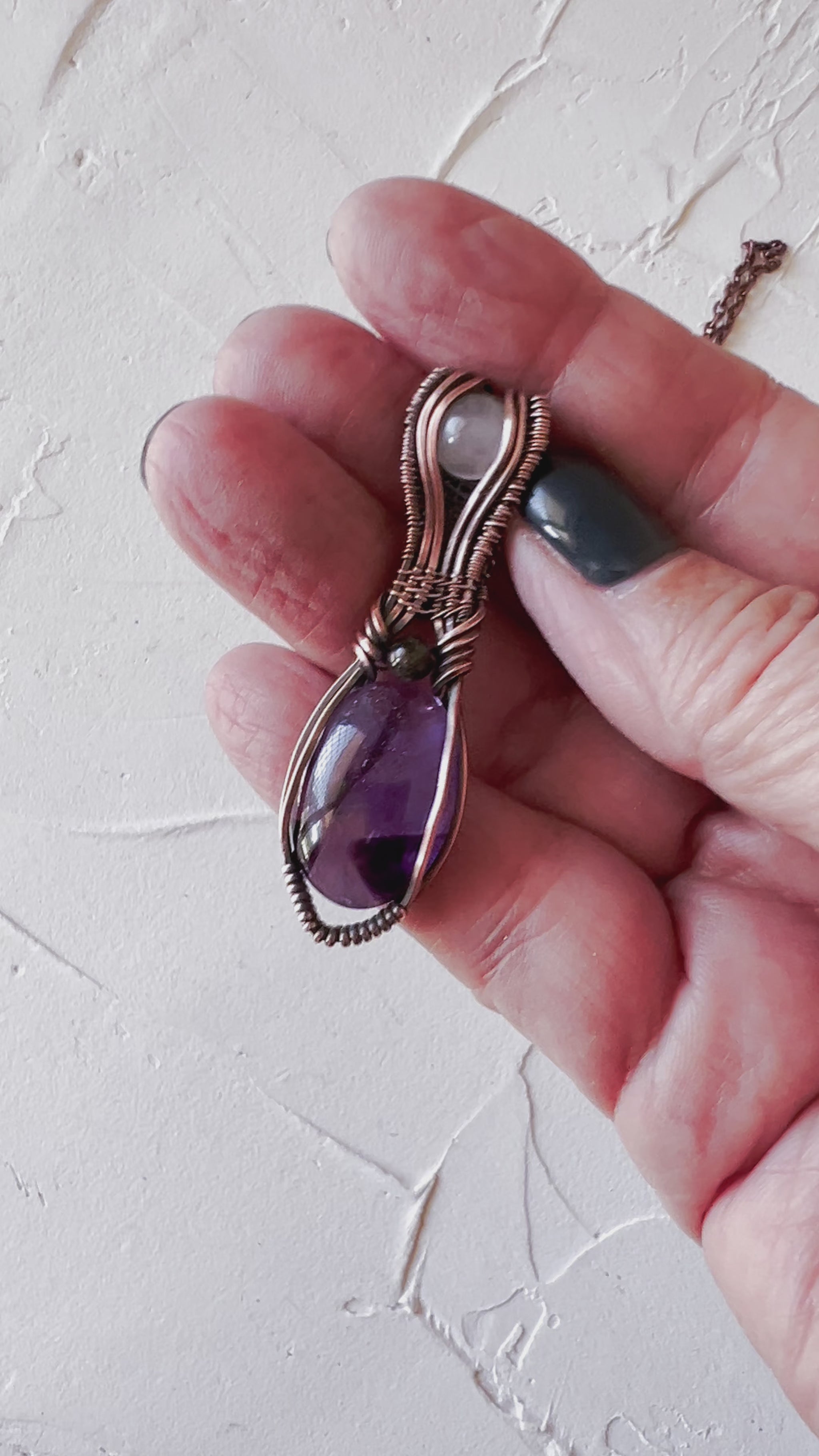 Gorgeous Amethyst and Rose Quartz copper wire pendant with Black Tourmaline accent bead