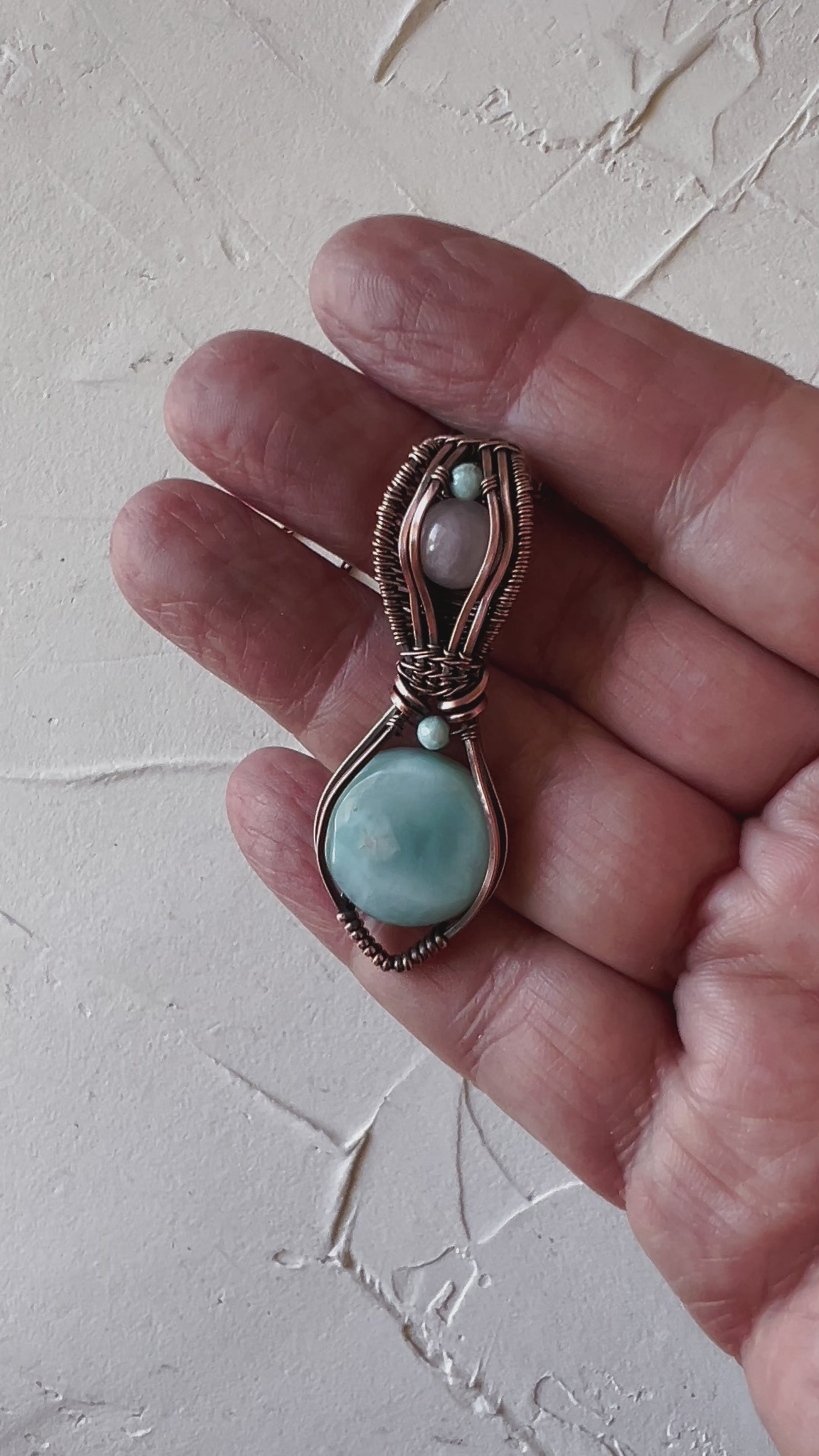 round larimar cabochon copper wire pendant with rose quartz and larimar accents